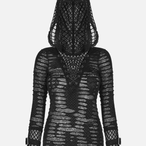 Punk Rave Tops - Black Mesh Hooded Women's Top